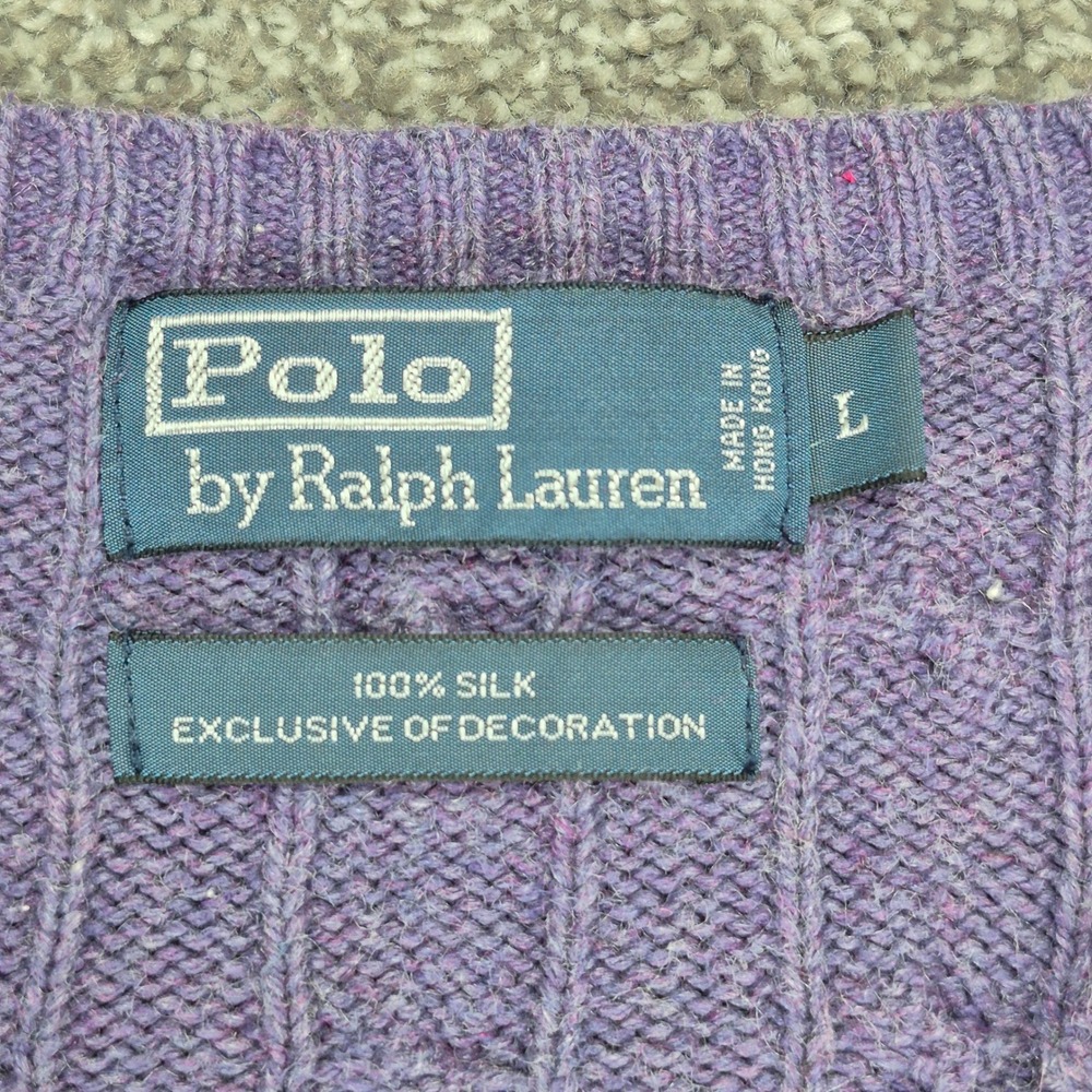 Polo Ralph Lauren 100% Silk Cable Knit Sweater Mens Large Purple V-Neck - Picture 3 of 6